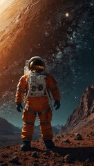 Astronaut exploring a foreign planet, gazing at stars.