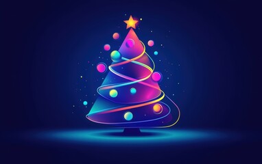 Christmas tree neon light and a bokeh effect on a blue background. Abstract illustration of a New Year's celebration, party, or holiday greeting card design. Merry Christmas