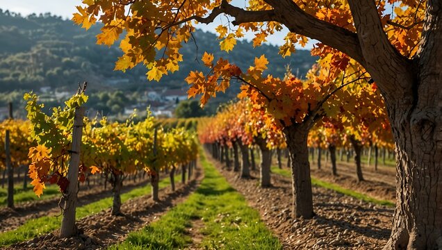 Autumn vineyard landscape in Alella, Catalonia, Spain.