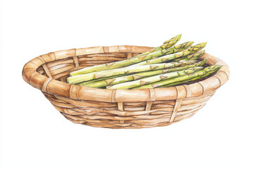 Obraz premium A woven basket holds fresh, green asparagus spears, showcasing a simple yet natural presentation of this nutritious vegetable.