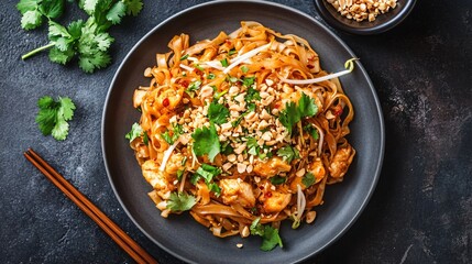 Chicken Pad Thai with chili-lime sauce, served on a gray ceramic plate, topped with bean sprouts, cilantro, and crushed peanuts, with chopsticks beside