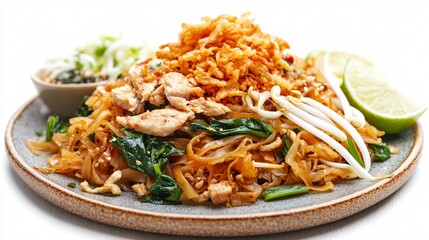 Chicken Pad Thai with extra bean sprouts, isolated on a light wooden board, garnished with fried onions, lime wedges, and Thai basil