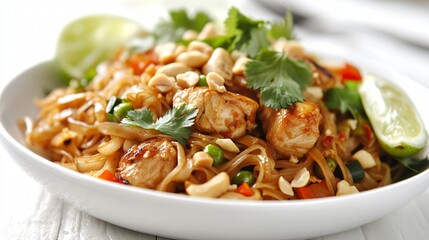 Chicken Pad Thai with tamarind sauce, served on a white porcelain dish, garnished with cilantro, peanuts, and a side of lime wedges