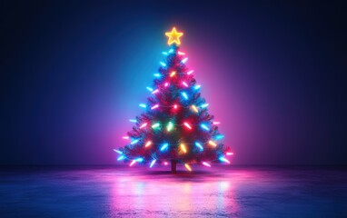 Christmas tree neon light and a bokeh effect on a blue background. Abstract illustration of a New Year's celebration, party, or holiday greeting card design. Merry Christmas