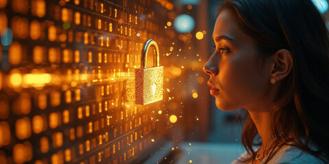 An illustration of a digital lock on a computer screen, surrounded by floating binary code and shield icons, symbolizing data protection.