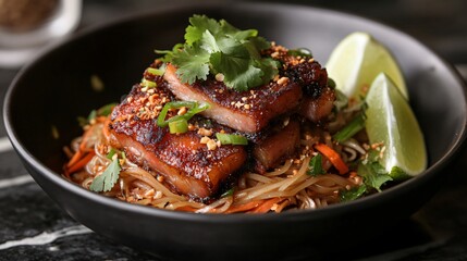 Pad Thai noodles with crispy pork belly, placed on a black ceramic dish, garnished with cilantro, lime wedges, and a drizzle of tamarind sauce