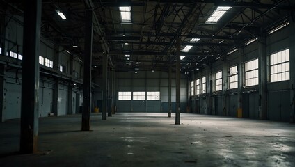 Blurred view of an empty warehouse with a metal roof.