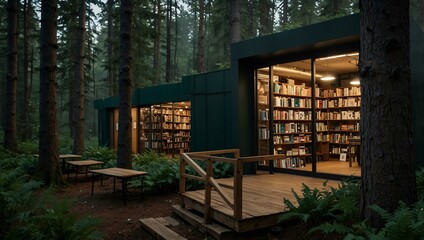 Bookstore nestled in a forest.