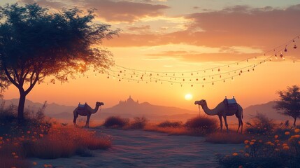 Two Camels Silhouetted Against a Sunset in the Desert