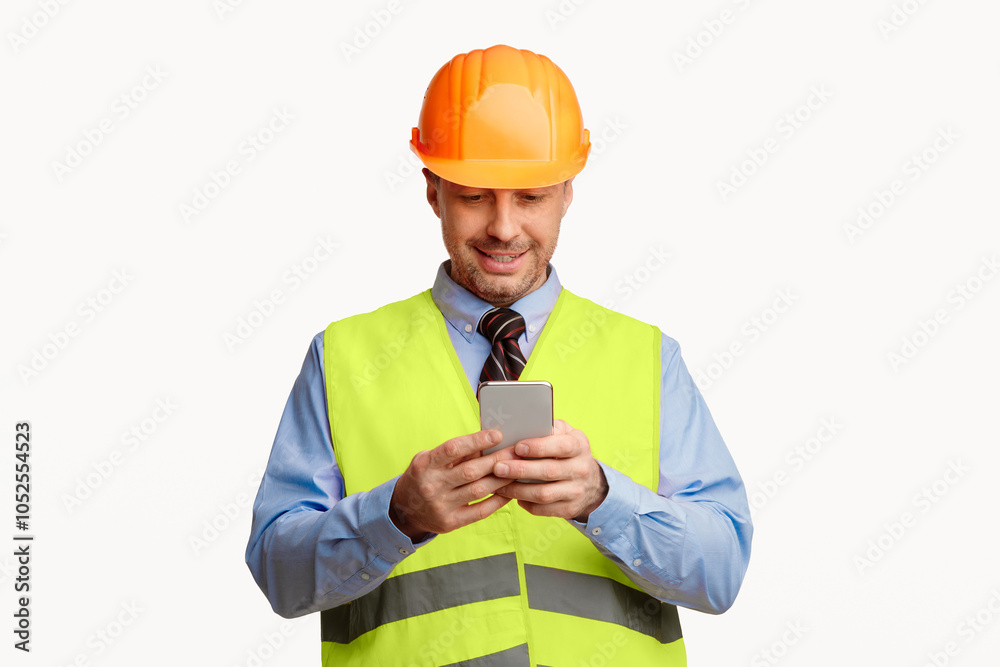 Poster Construction Worker Using Smartphone Application Standing On White Studio Background. Mobile App Concept