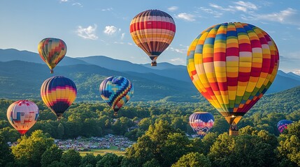 Obraz premium Hot air balloons ascend over a tranquil cityscape at sunrise with mountains in the background