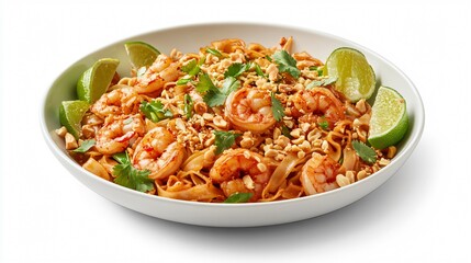Shrimp Pad Thai with tamarind sauce, isolated on a white porcelain dish, surrounded by lime wedges, chili flakes, and crushed peanuts