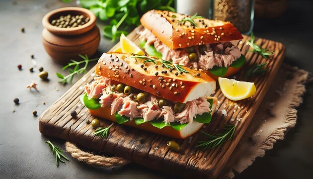 Delicious tuna sandwich with fresh herbs on a rustic wooden board, garnished with capers and lemon. Concept of homemade cooking, healthy eating, and culinary delight,