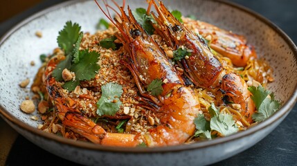 Spicy Pad Thai with grilled prawns, served on a white ceramic dish, with cilantro, chopped peanuts, and a sprinkle of chili powder, on a dark slate background