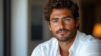 Fototapeta premium A young man with curly hair and glasses poses thoughtfully indoors in a well-lit modern space during the day