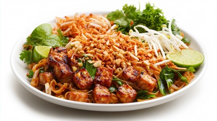 Fototapeta premium Vegetarian Pad Thai with crispy tempeh, isolated on a white plate, garnished with fried shallots, lime slices, and Thai herbs