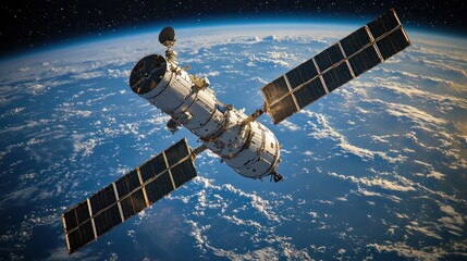 Obraz premium Space station orbiting Earth with solar panels deployed