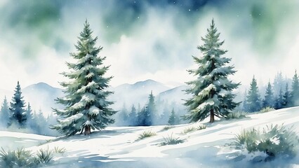 Naklejka premium Serene winter landscape featuring snow-covered trees and mountains, capturing the essence of New Year's Eve