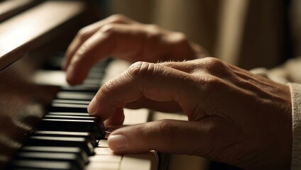Obraz premium Close-up of a man’s hands playing piano in warm lighting.
