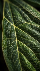 Close-up of green leaf veins and tropical patterns.