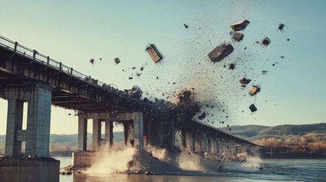 Concrete Bridge Collapsing into River with Debris Falling
