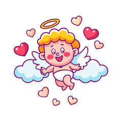Obraz premium Cartoon angel with hearts and halo flying on cloud background