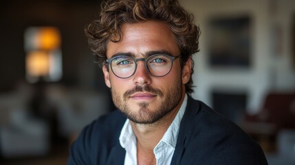 Fototapeta premium A young man with curly hair and glasses sitting calmly indoors during the day