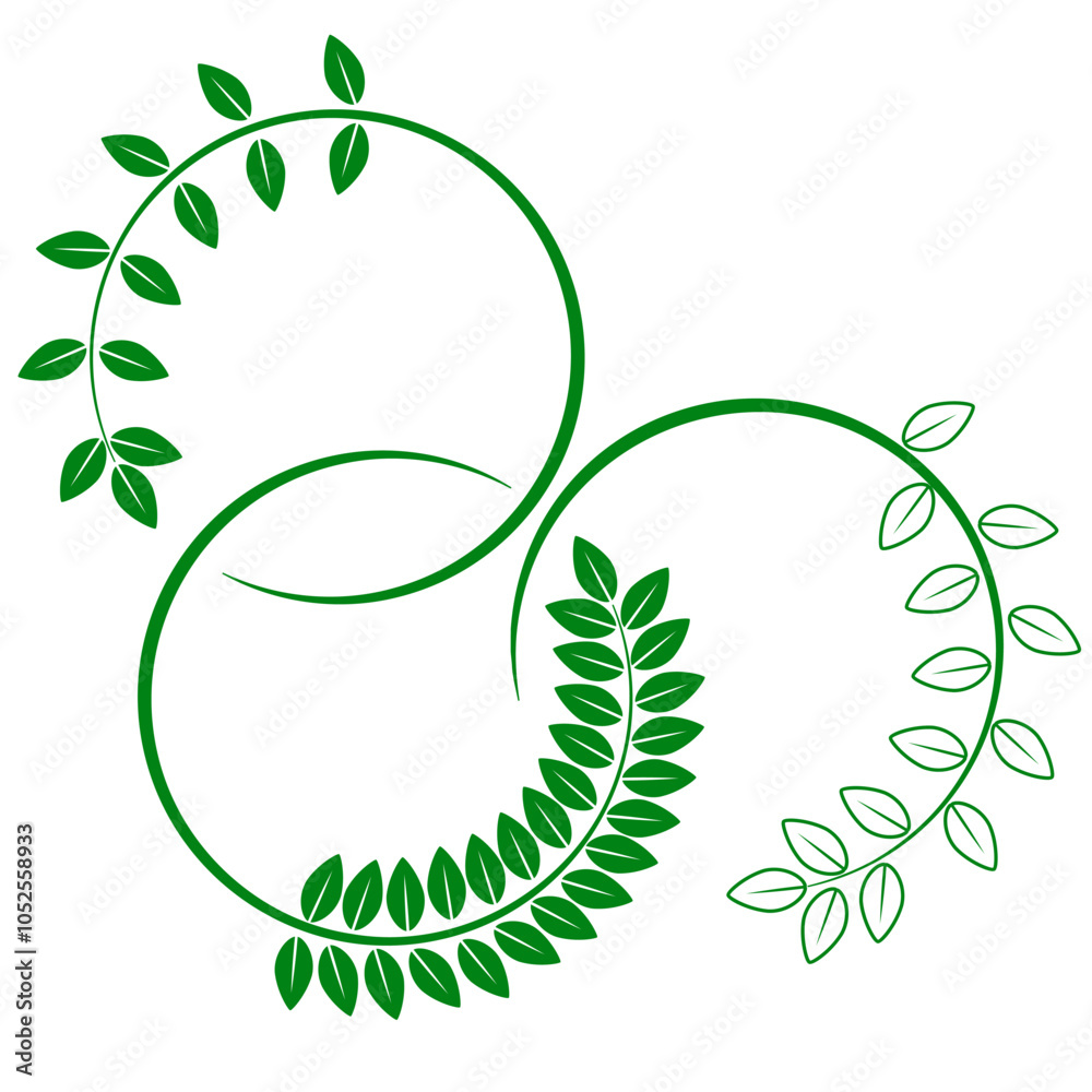 Wall mural different green leaves of trees and plants, leaf and swirls branches shapes collection. stock vector