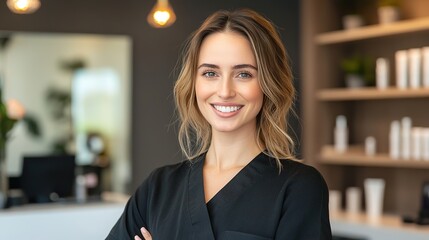 Smiling beauty professional in a contemporary salon, confidently ready to deliver premium beauty treatments in a well-lit, stylish interior