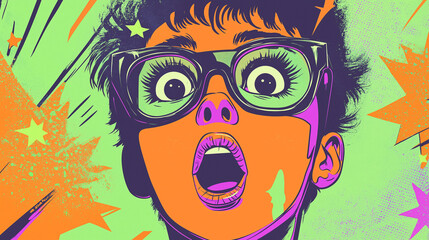 
A vibrant 90s pop art illustration featuring exaggerated facial features and neon accents in green, orange, and purple. The character has wide eyes and a surprised expression