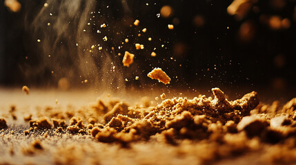 Tasty cookie crumbling with scattered crumbs.