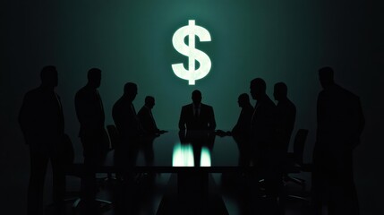 Silhouetted figures in suits gathered around a conference table during an important meeting, conveying a sense of seriousness and professionalism. 