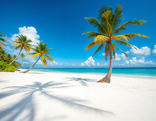 IA generated image of a tropical beach with white sand and crystal-clear turquoise water stretching into the horizon. Several tall, slender palm trees with green and yellow fronds lean toward the sea