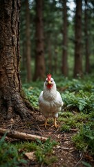 Cute chicken in a forest setting.