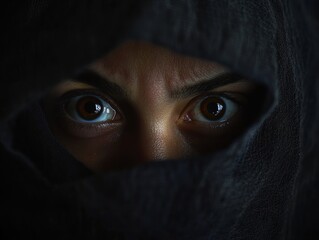 Naklejka premium A close-up of a woman’s eyes peering through a dark veil, filled with intensity and emotion, captured in low light
