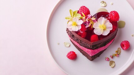 Naklejka premium A heart-shaped piece of cake decorated with raspberries and flowers on a white plate on a pink tablecloth
