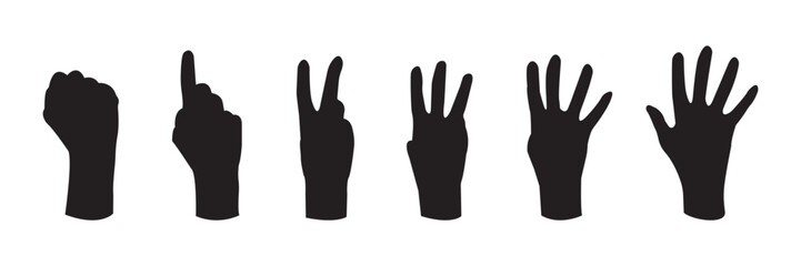 Set of hand silhouette icon. hand reaching silhouette, raised hands, unity, crowd, celebration. Hand gestures silhouettes collection. Set of different hand gestures.