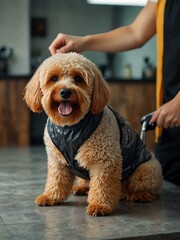 Dog being dried by a groomer in a salon.
