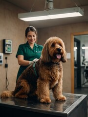 Dog being dried by a groomer in a salon.