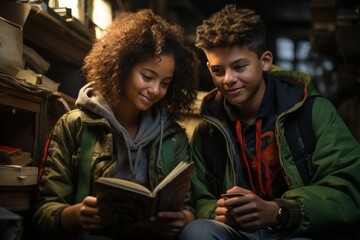 Two teenagers in a room with many books, reading a book. Book reading traditions.