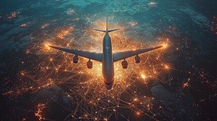 An aircraft traverses the skies, its silhouette set against a brilliant digital network, embodying the vast potential of technology and exploration above the Earth.