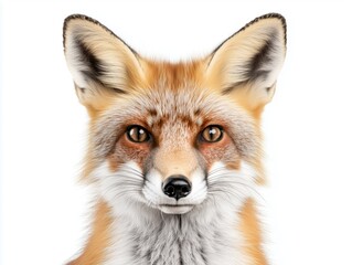Fototapeta premium In this stunning portrait, a red fox is isolated against a crisp white background. The close-up emphasizes its delicate features and powerful presence