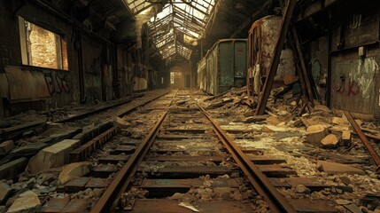 Naklejka premium Abandoned Train Tracks in a Crumbling Building