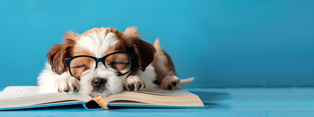 Cute little puppy dog with glasses lying on a book