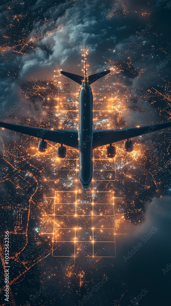 Canvas Prints an airplane over a city grid, surrounded by glowing lights and abstract patterns, blending technolog