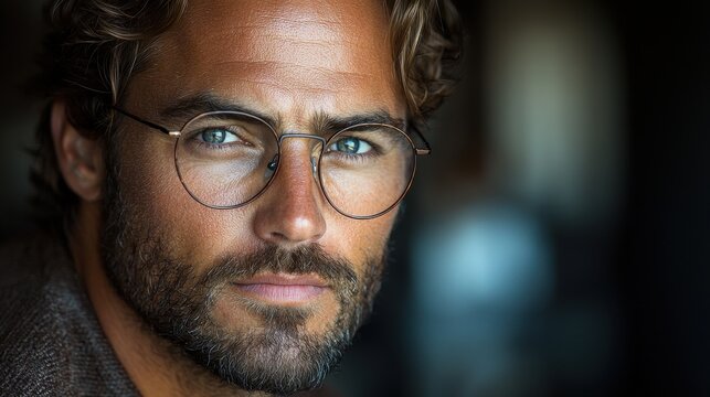 A thoughtful man with blue eyes and glasses gazes intently, showcasing his rugged appearance in a softly lit indoor setting