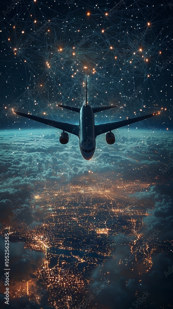 Wall mural an airplane traverses a star-filled sky, with visible network paths connecting its journey through t