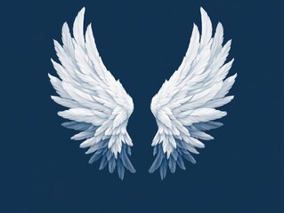 Fototapeta premium A detailed illustration of two isolated angel wings rendered in a realistic style. Set against a blue backdrop, the wings exhibit an intricate texture and craftsmanship, evoking themes of freedom 