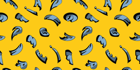 Seamless pattern with colorful shapes ABC on a yellow background. Playful design with lettering elements, ideal for kid's textile, casual apparel, and fun wrapping paper. Bold, energetic print.