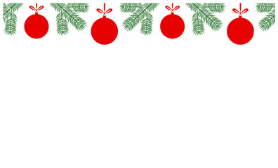 seamless border with hanging christmas balls and spruce twigs isolated on white background